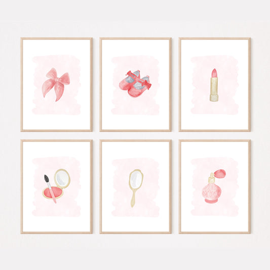 Pink Nursery Watercolor Artwork Bundle of 6 Art Prints for Gallery Wall