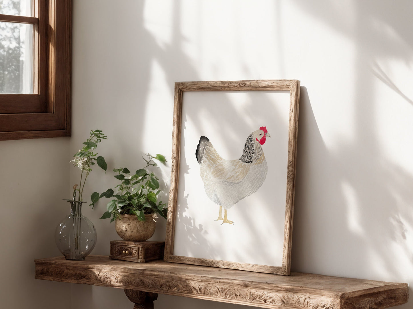 White and Brown Chicken Watercolor Art Print, Farm Print, Rooster print